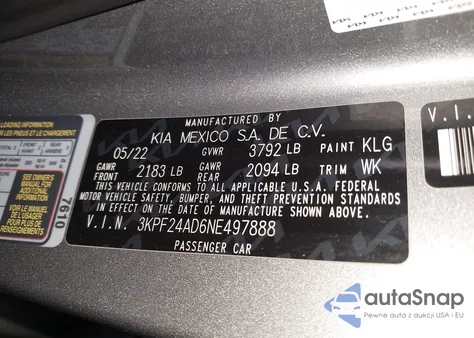 2022 Kia Forte Lxs from USA, damaged, VIN 3KPF24AD6NE497888